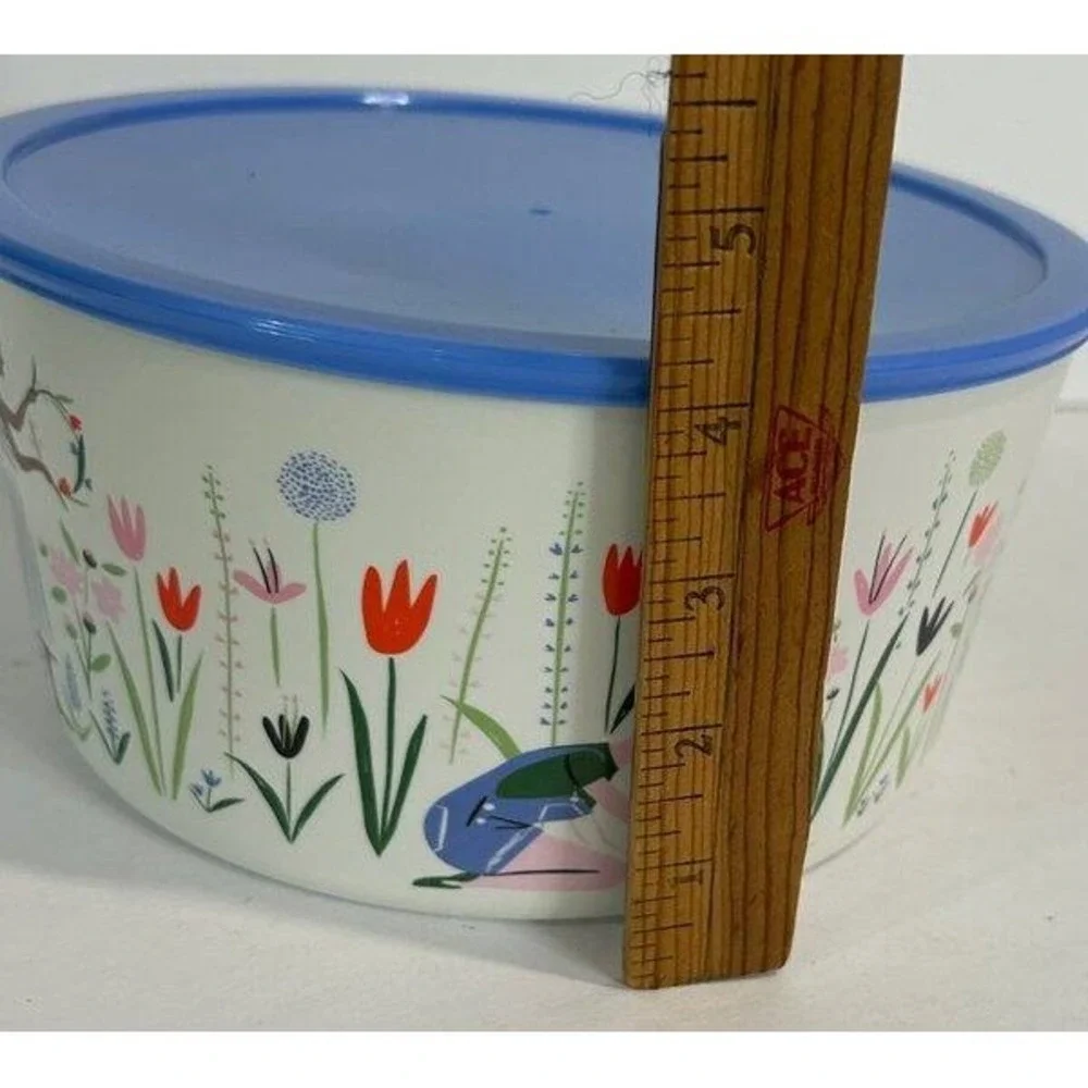 Libby VanderPloeg Anthropologie Melamine Bowl Blue Lid Floral Garden